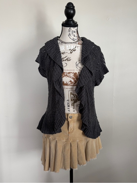 New Woman Sweaters - Vintage dark grey crochet ruffle cardigan | boho knit top